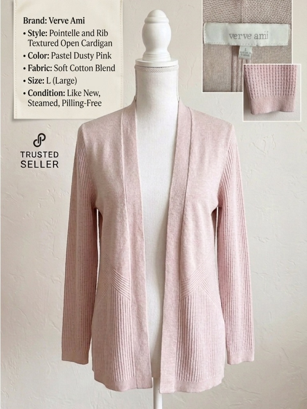 Verve Ami Dusty Pink Open-Front Pointelle Rib Cardigan